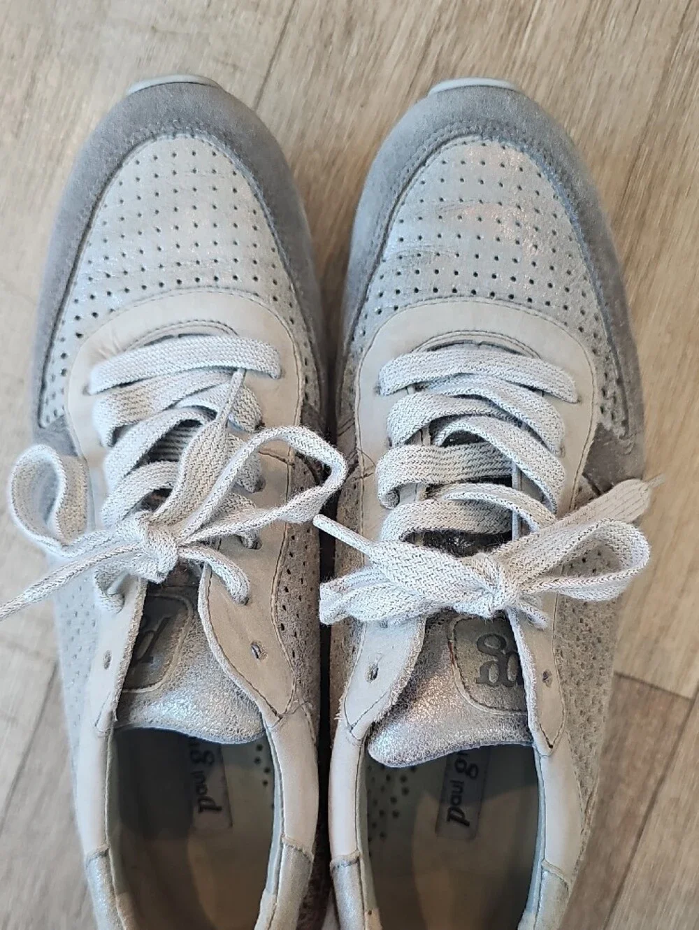 Paul Green Light Gray and Silver Perforated Suede Sneakers
